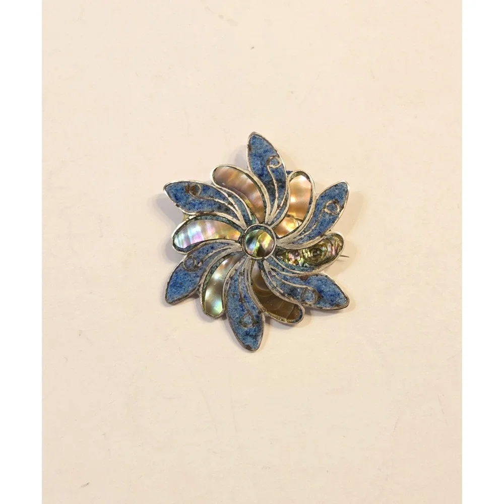 Vintage Sterling Silver Abalone Inlay Taxco Flower Pendant Brooch
